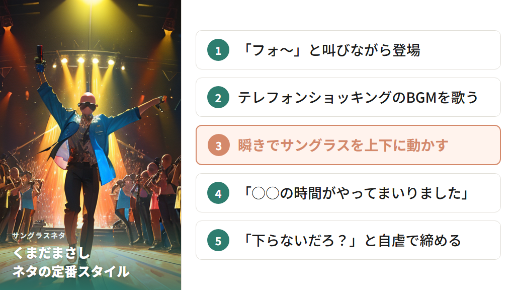 くまだまさしのサングラスネタの特徴と「フォ〜」登場スタイル