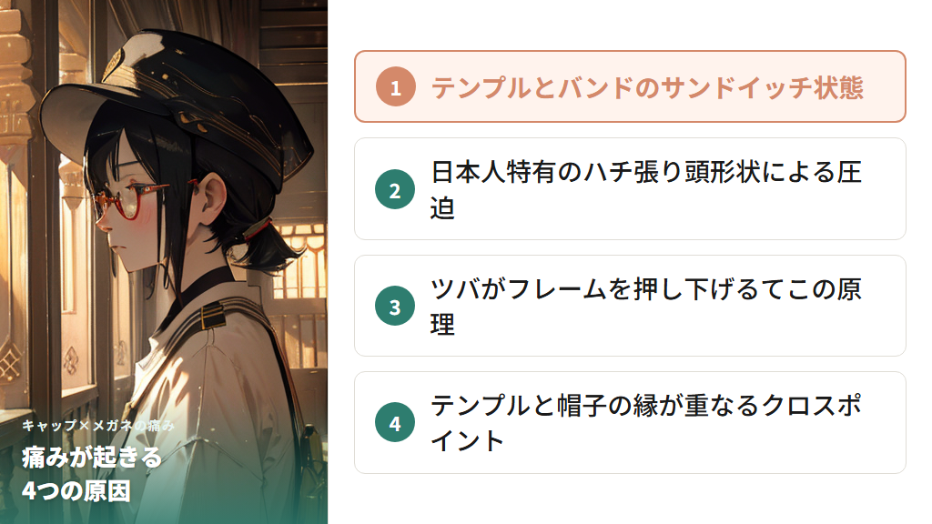 キャップでメガネが痛くなる原因とメカニズム