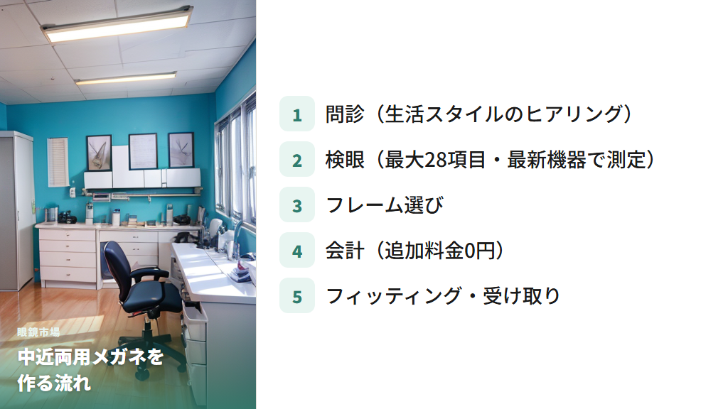 眼鏡市場で中近両用メガネを作る流れ（検眼・フィッティング）