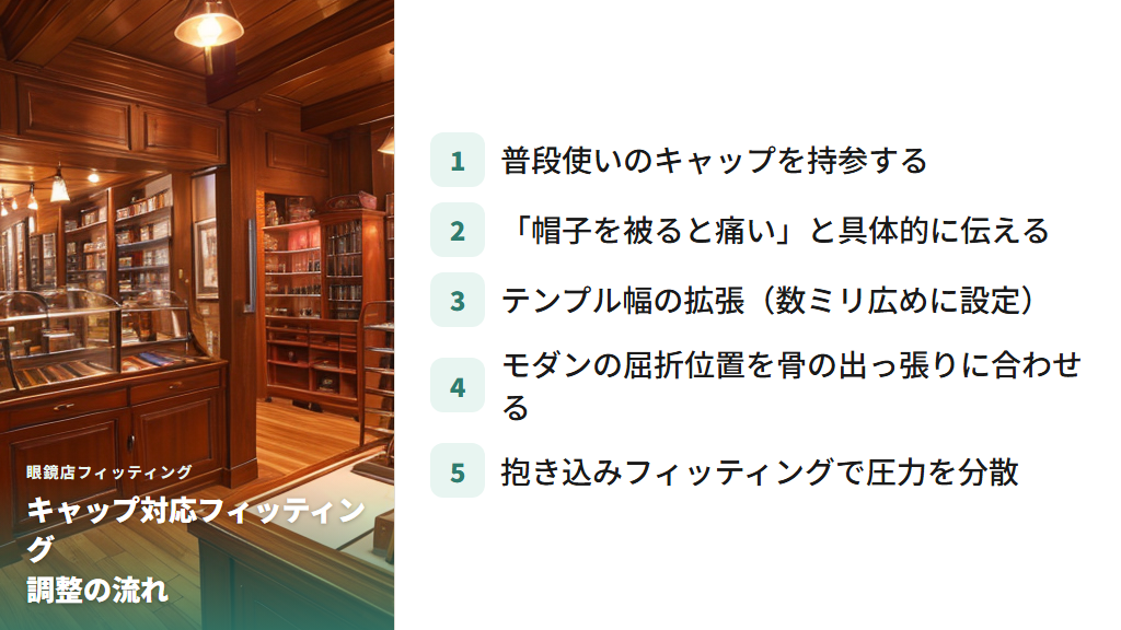 眼鏡店でのフィッティング調整とキャップのサイズ拡張術