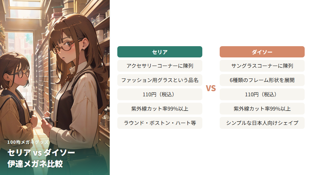 セリアとダイソーの伊達メガネを比較