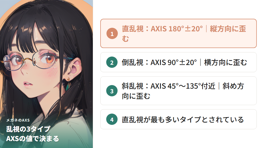 乱視の3タイプ:直乱視・倒乱視・斜乱視のAXS(乱視軸)の違い