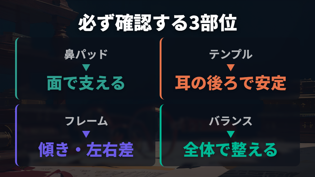 フィッティングがうまい人が必ず確認する鼻パッド・テンプル・フレーム傾き