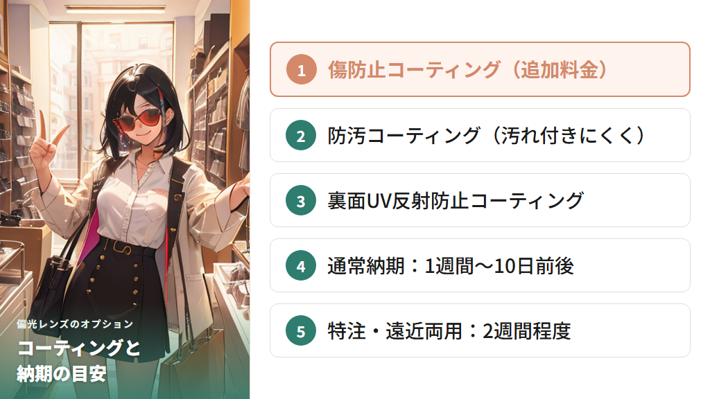 コーティングオプションと注文から完成までの日数