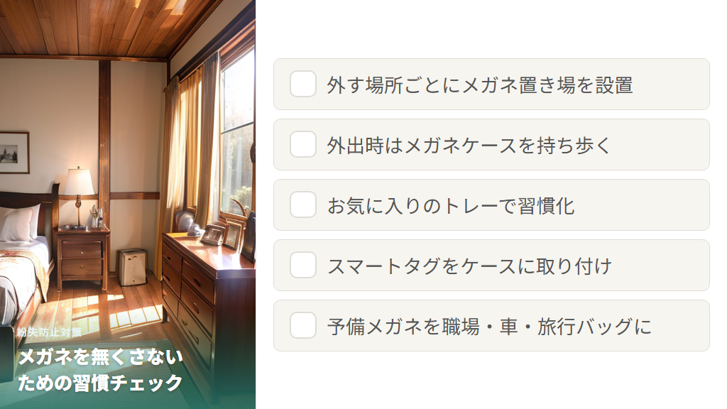 メガネを無くさないための定位置化と紛失防止グッズ