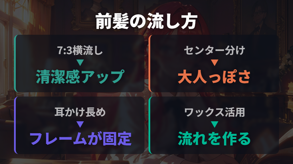横流し・センター分けで前髪が長くてもメガネをすっきり見せる方法
