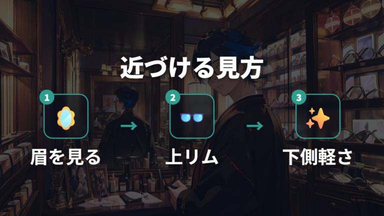 黒縁ブロー型で近づける方法は眉と上リムを見る