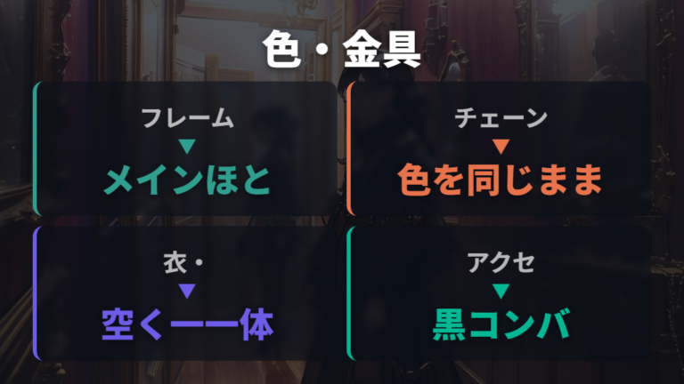 服装になじむ合わせ方のコツは色と金具をそろえること