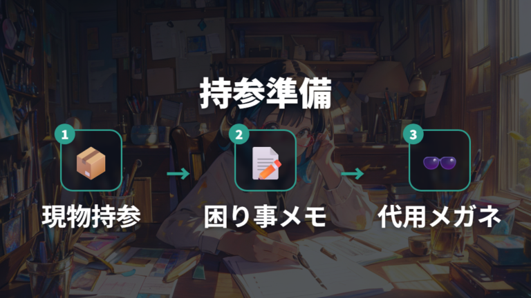 交換前に持参物と代用メガネを準備する