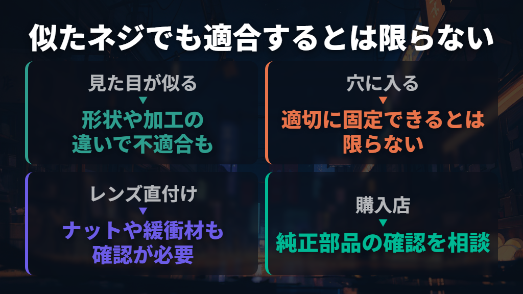 ネジをなくしたら購入店へ。似たネジでも適合するとは限らない