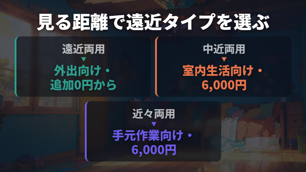 遠近両用は0円から、プレミアムや中近・近々は有料