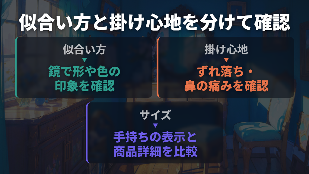 サイズ表示と試着で、似合い方・掛け心地を分けて選ぶ