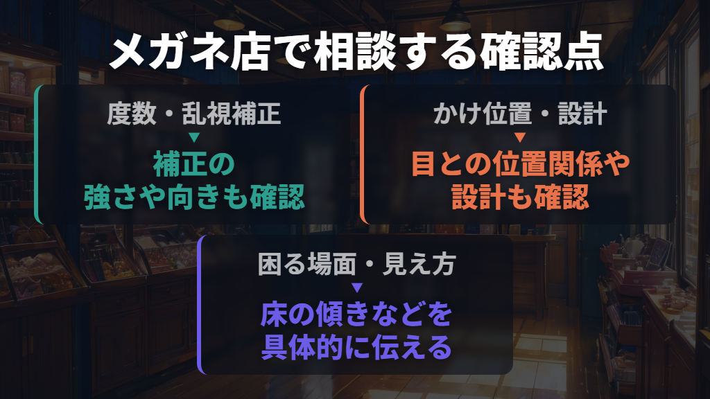 メガネ店では度数だけでなく、かけ位置とレンズ設計も確認