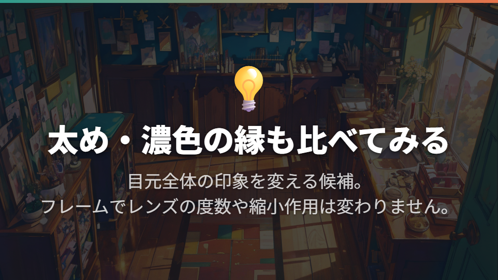 太め・濃色のフレームで目元全体の印象を変える