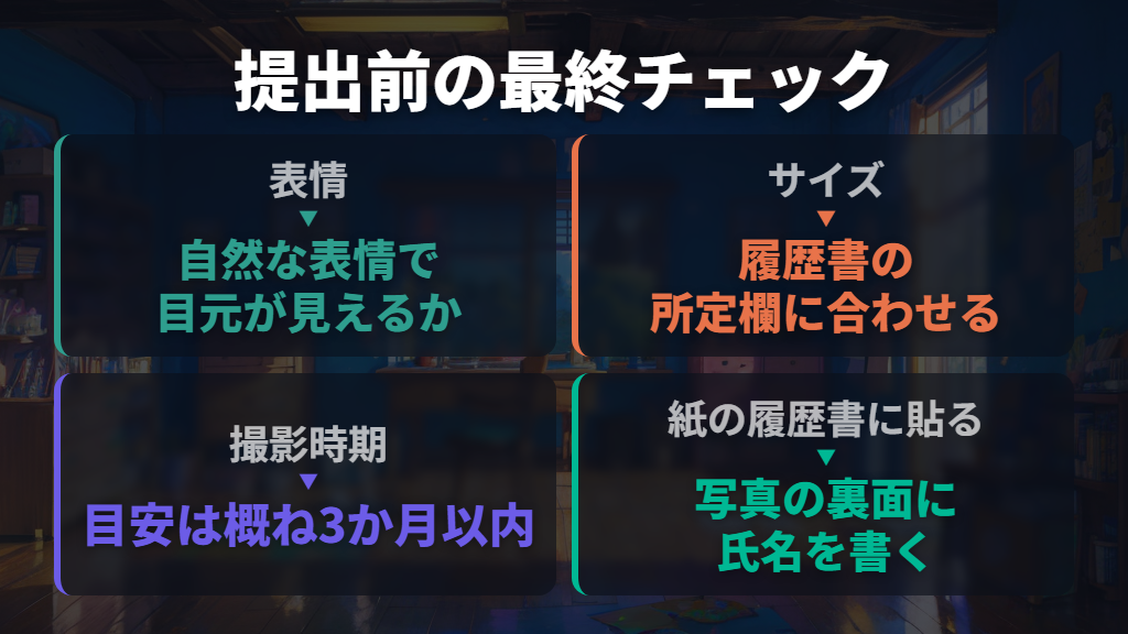 表情・サイズ・撮影時期と貼り方の最終チェック