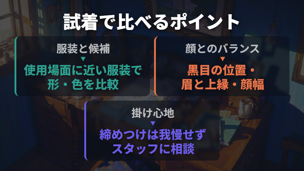 似合わないと感じたら、試着で形・色・掛けた位置を比べる